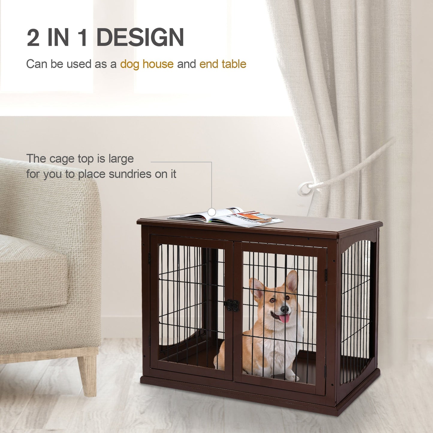 PawHut 66cm Modern Indoor Pet Cage w/ Metal Wire 3 Doors Latches Base Small Animal House Tabletop Crate Decorative Stylish Brown