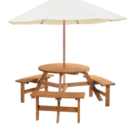 Outsunny Fir Wood Pub Parasol Table and Bench Set 6 Person Heavy Duty Patio Dining Garden Outdoor Furniture