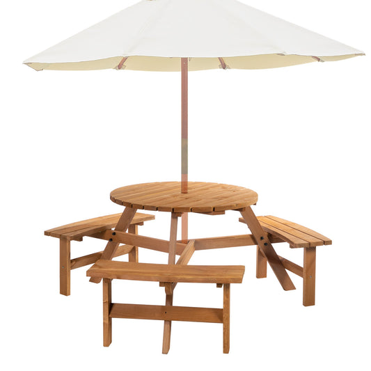 Outsunny Fir Wood Pub Parasol Table and Bench Set 6 Person Heavy Duty Patio Dining Garden Outdoor Furniture