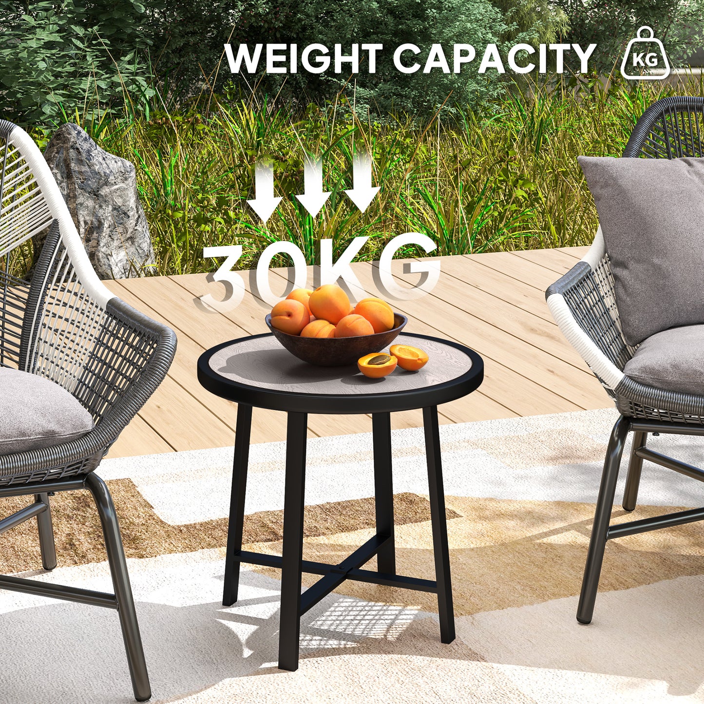 Outsunny Okrągły Mały Stół Ogrodowy, 50,5 cm Zewnętrzny Stolik Boczny z Blatem SPC, Metalową Ramą i Antypoślizgowymi Podkładkami Do Ogrodu, Balkonu, Szary Efekt Drewna