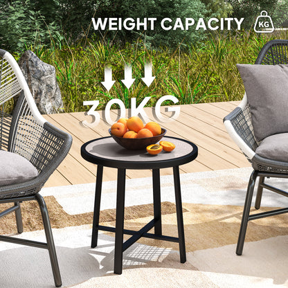 Outsunny Okrągły Mały Stół Ogrodowy, 50,5 cm Zewnętrzny Stolik Boczny z Blatem SPC, Metalową Ramą i Antypoślizgowymi Podkładkami Do Ogrodu, Balkonu, Szary Efekt Drewna