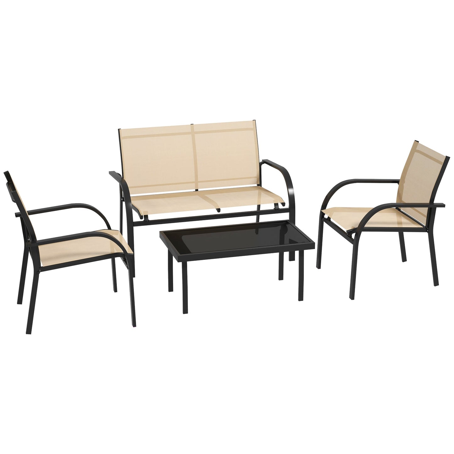 4 Piece Curved Steel Outdoor Furniture Set w/ Loveseat, 2 Texteline Seats, Glass Top Table Garden Balcony Patio Furniture - Beige