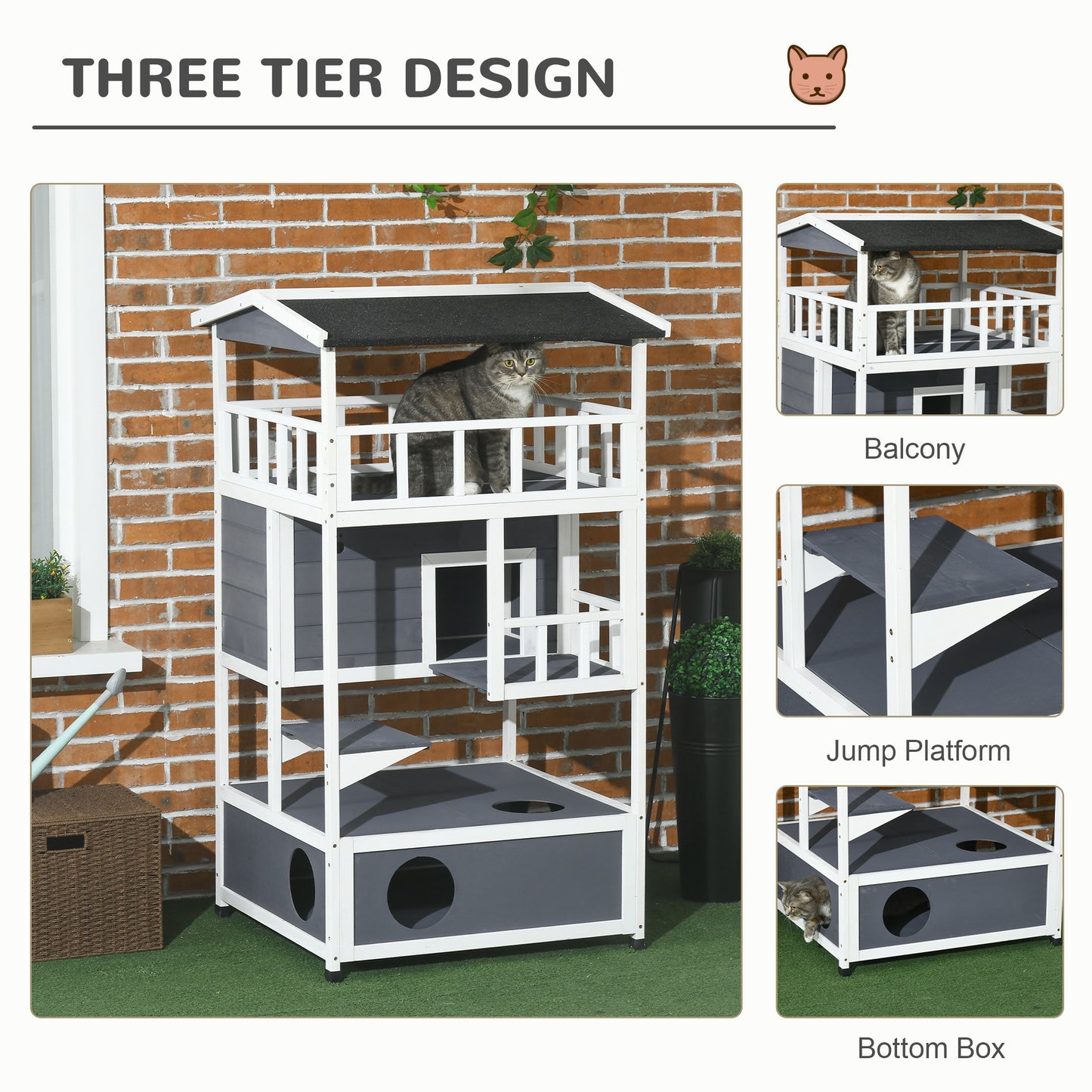 PawHut Wooden Outdoor Cat House 3-Tier for Winter Kitten Shelter Lodge w/ Tilted Roof Terrace Jump Step Bottom Tray Elevated Base Waterproof Paint Grey