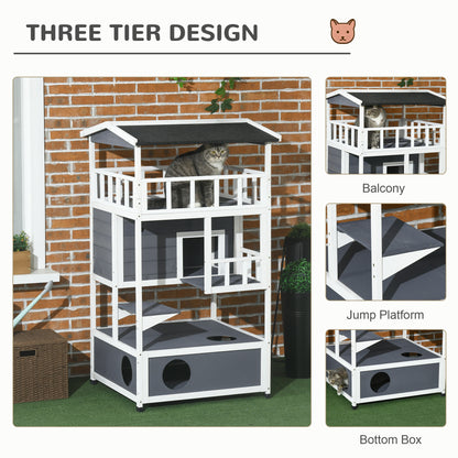 PawHut Wooden Outdoor Cat House 3-Tier for Winter Kitten Shelter Lodge w/ Tilted Roof Terrace Jump Step Bottom Tray Elevated Base Waterproof Paint Grey