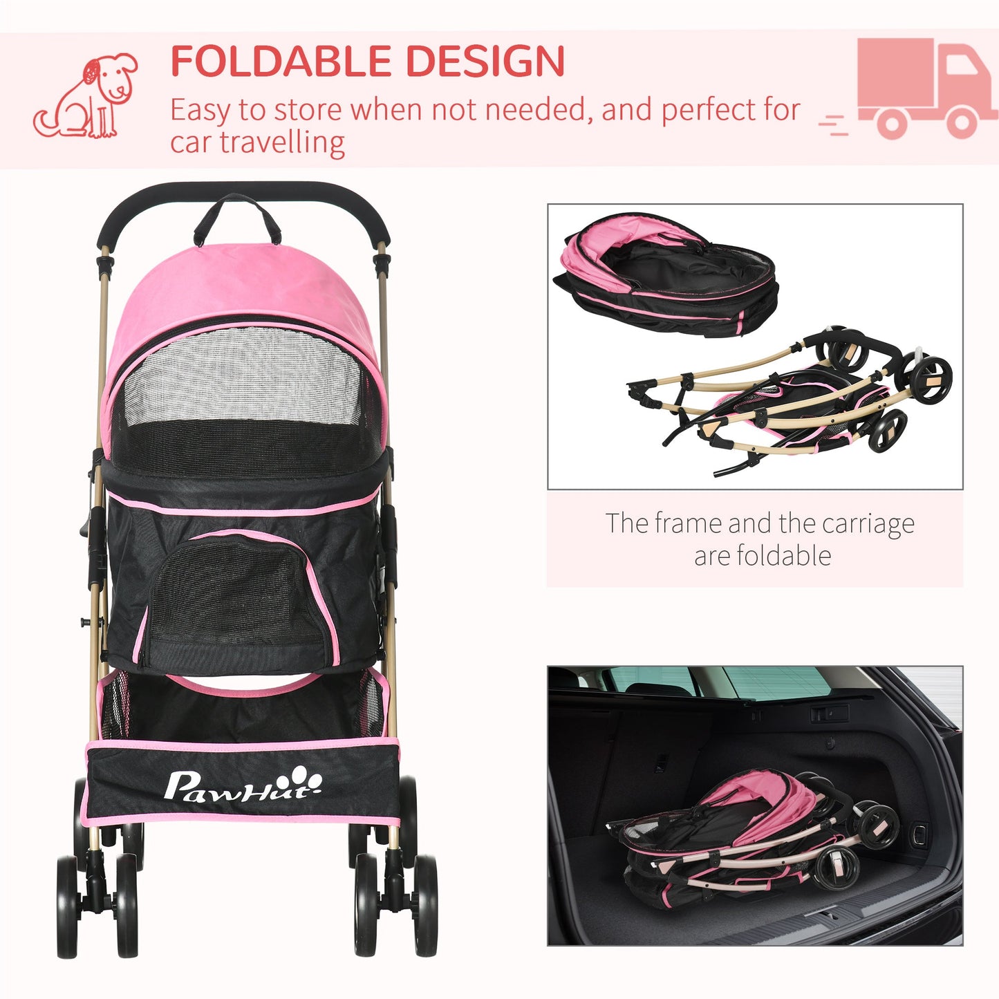 PawHut Detachable Pet Stroller with Rain Cover, 3 In 1 Cat Dog Pushchair, Foldable Carrying Bag w/ Universal Wheels, Brake, Canopy, Basket, Storage Bag for Small and Tiny Dogs - Pink