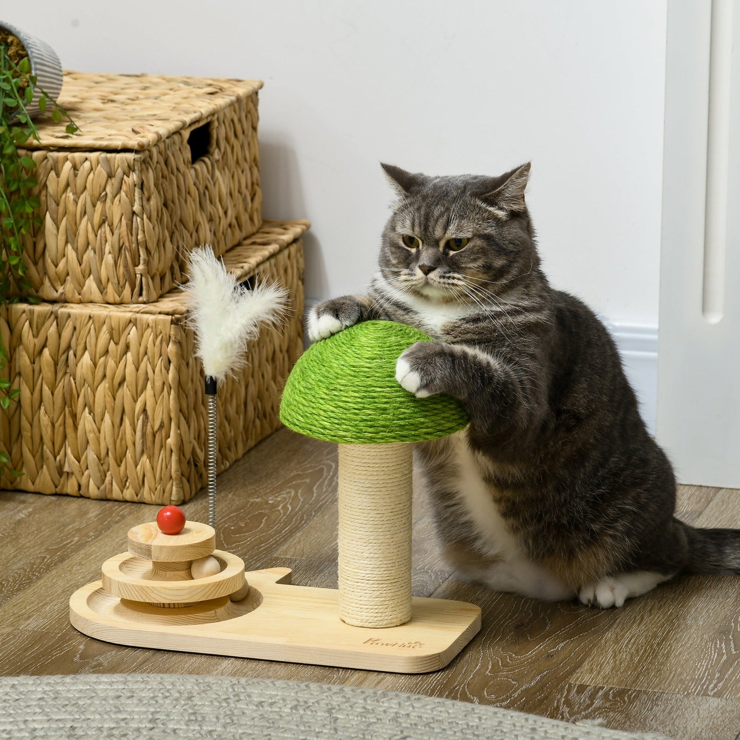 PawHut Mushroom-Shaped Cat Scratching Post, with Toy Balls, Feather for Indoor Cats, 35 x 21 x 26cm - Natural Tone