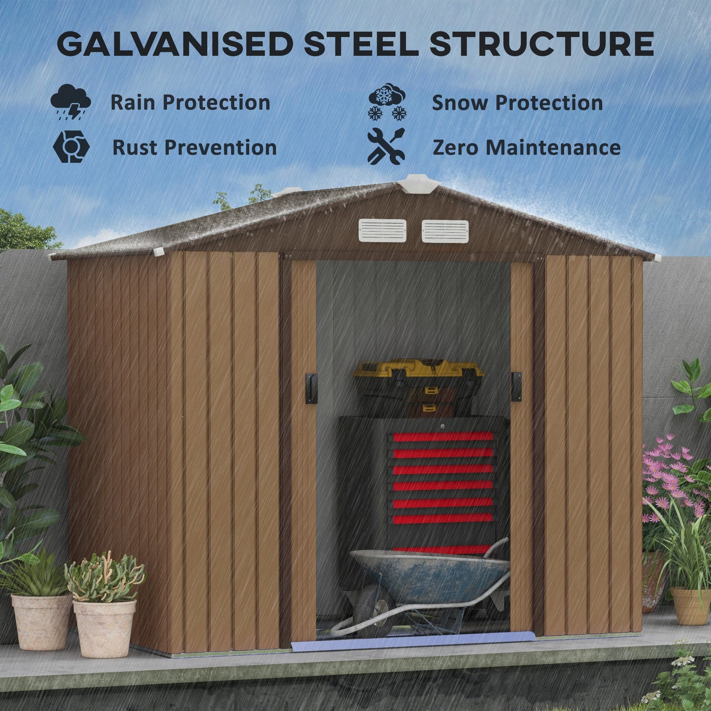 Outsunny 7 x 4ft Zamykany metalowy schowek na narzędzia ogrodowe, schowek zewnętrzny z fundamentem i otworami wentylacyjnymi, jasnobrązowy