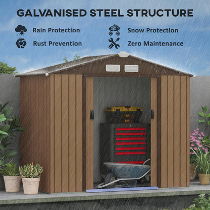 Outsunny 7 x 4ft Zamykany metalowy schowek na narzędzia ogrodowe, schowek zewnętrzny z fundamentem i otworami wentylacyjnymi, jasnobrązowy