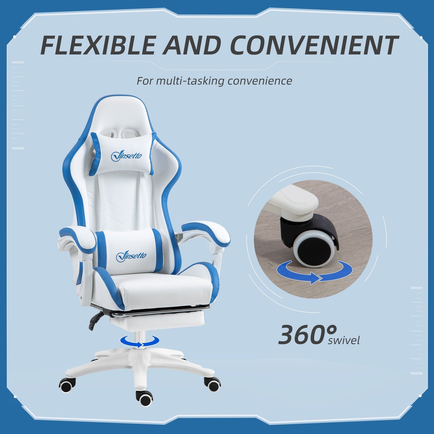 Racing Gaming Chair, Reclining PU Leather Computer Chair, 360 Degree Swivel Seat, Footrest, Removable Headrest and Lumber Support, White and Blue