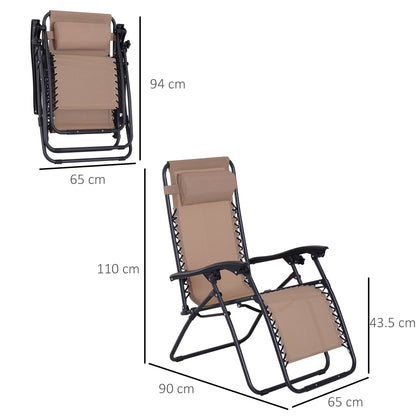 Outsunny Zero Gravity Chair Set of 2, Metal Frame Texteline Armchair Outdoor Folding and Reclining Sun Lounger with Head Pillow for Patio Decking Gardens Camping, Beige