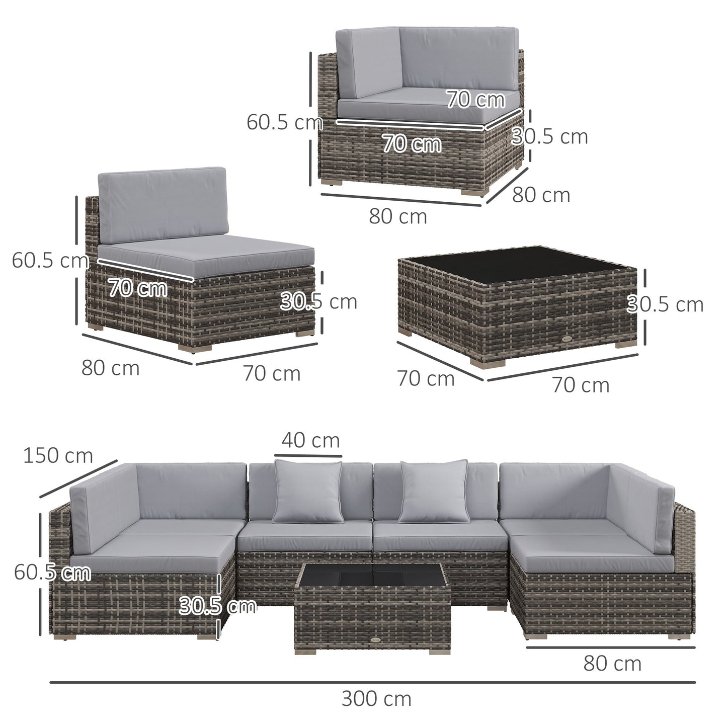 7 Pieces PE Rattan Garden Furniture Set with Thick Padded Cushion, Patio Garden Corner Sofa Sets with Glass Coffee Table and Pillows, Buckle Structure, Mixed Grey