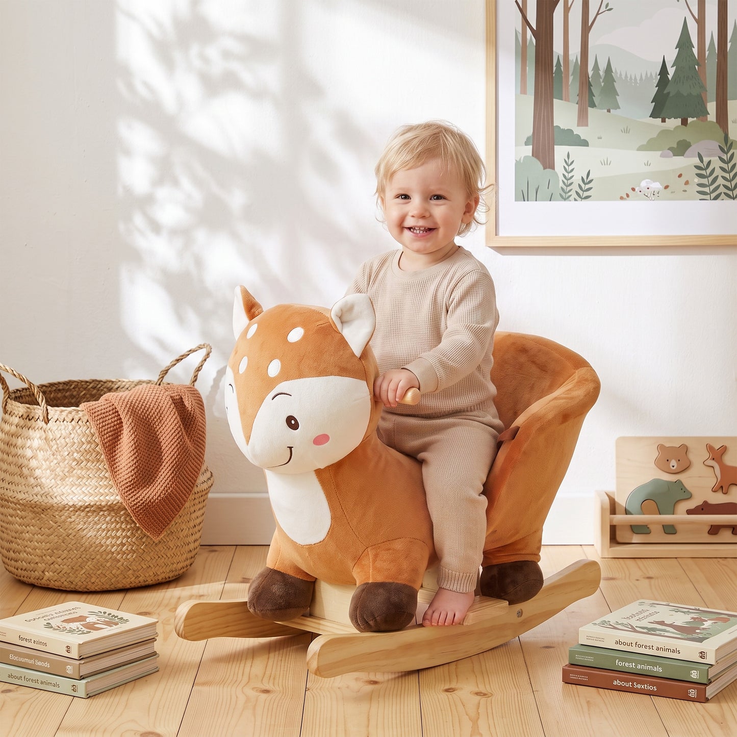 AIYAPLAY Rocking Horse, Ride on Horse Deer Design with Sounds, Security Belt, Rocking Stopper, for Toddlers 1-3 Years, Brown