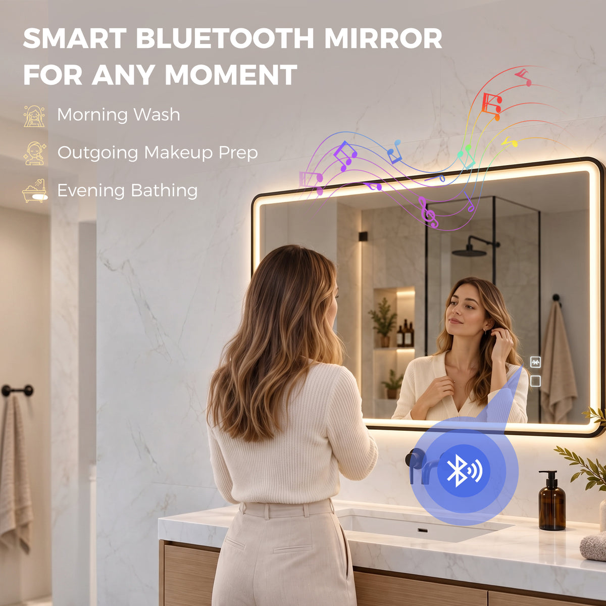 HOMCOM Bathroom Mirror with LED Lights, 100x70cm Rectangle Bathroom Mirror, Dimmable, Bluetooth, Anti-Fog, Black