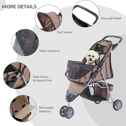 Pawhut Dog Pram Pet Travel Stroller Dog Pushchair مع ثلاث عجلات - قهوة