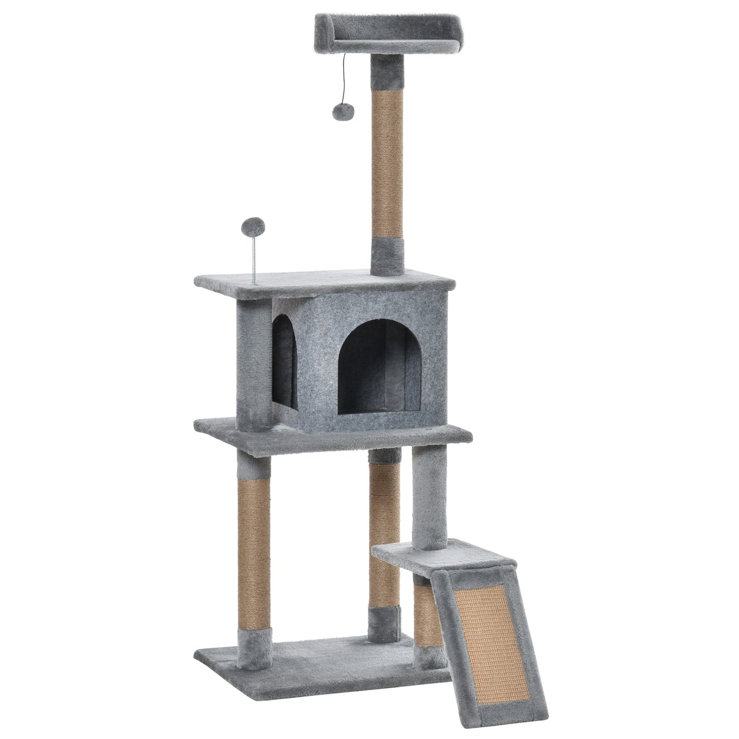 PawHut Cat Tree Tower for Indoor Cats 142cm Climbing Kitten Activity Center with Jute Scratching Post Board Perch Roomy Condo Removable Felt Hanging Toy, Grey