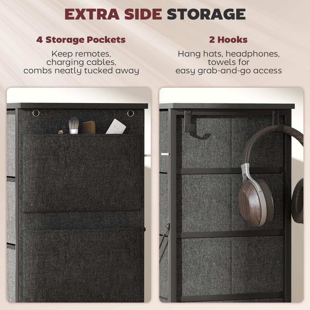 HOMCOM Chest of Drawers, Dresser with 10 Fabric Drawers, Tall Storage Unit with 4 Pockets and 2 Hooks Steel Frame, Grey