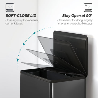 HOMCOM 45L Kitchen Bin, Pedal Bin with Soft-Close and Stay-Open Lid, Removable Inner Bucket, Odor Control for Kitchen, Office