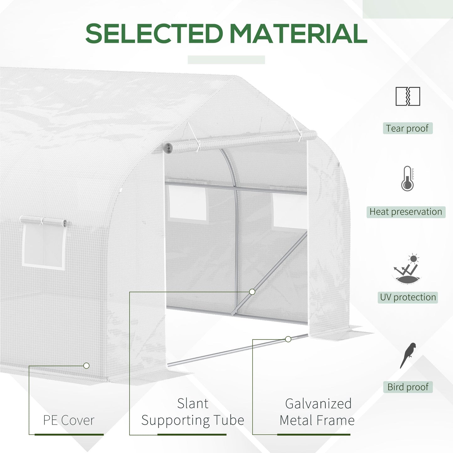 Outsunny 4.5 x 3 x 2m Walk-In Greenhouse Polytunnel Greenhouse Garden Hot House with Steel Frame, Roll Up Door and Windows, White