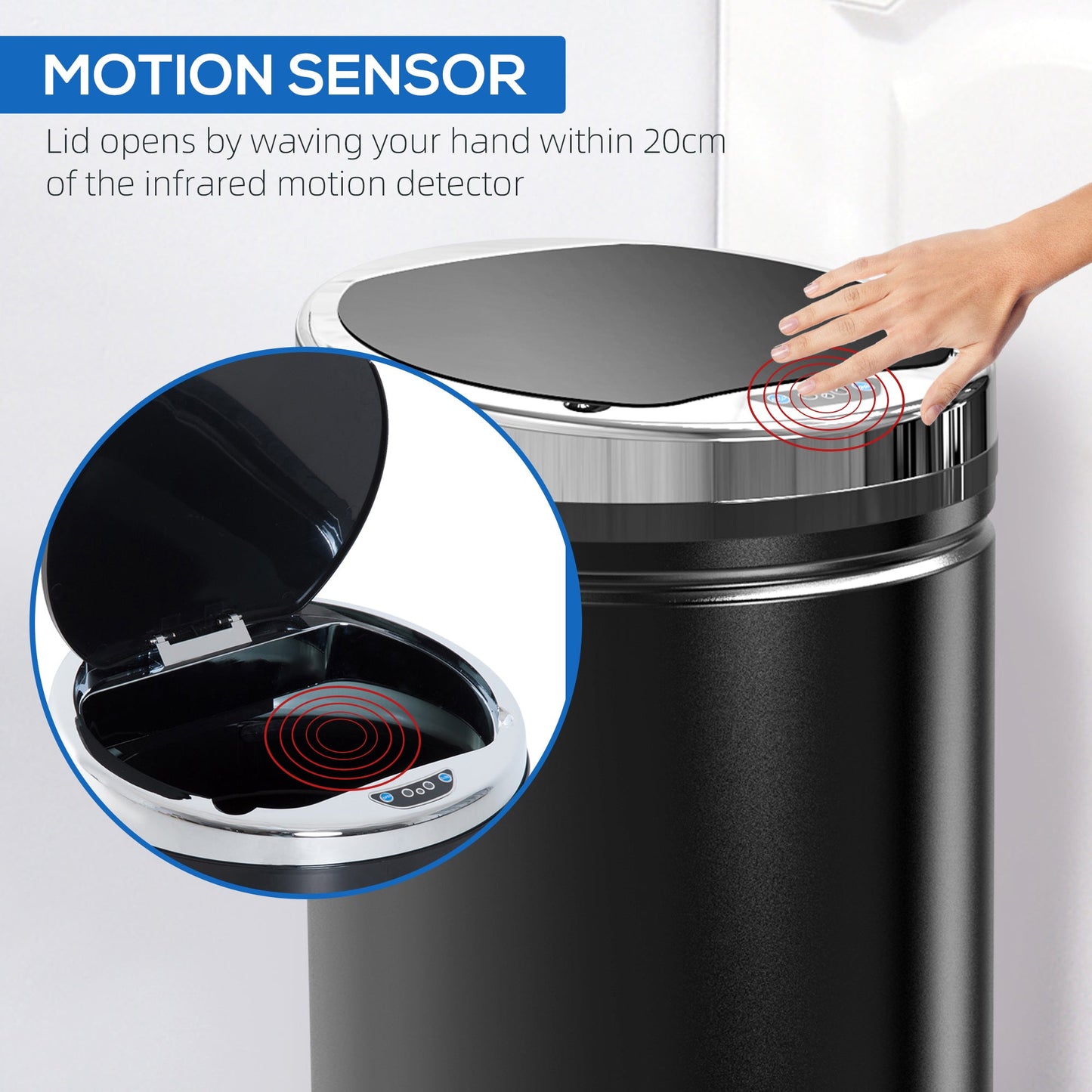 HOMCOM 42L Sensor Bin for Kitchen Waste Automatic Dustbin Motion Detection Dustbin Stainless Steel Rubbish Can with Bucket, Black