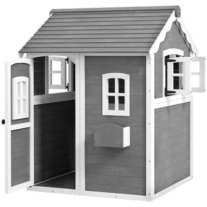 Outsunny Wooden Playhouse for Kids with Doors, Windows, Plant Box, Floors, for 3-8 Years Old, Garden, Lawn, Patio, Grey