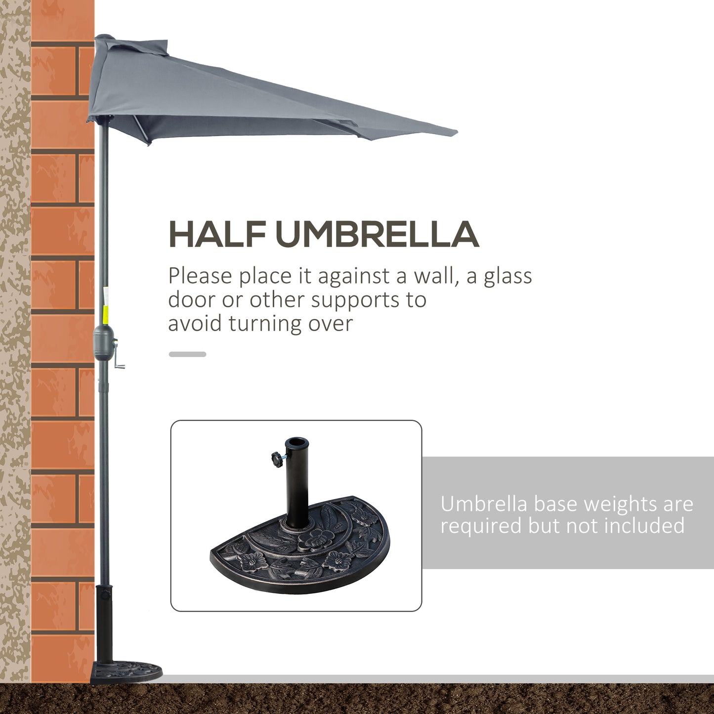 Outsunny 2.7m Garden Half Parasol, Outdoor Balcony Umbrella with 5 Steel Ribs, Patio Sun Shade, Grey