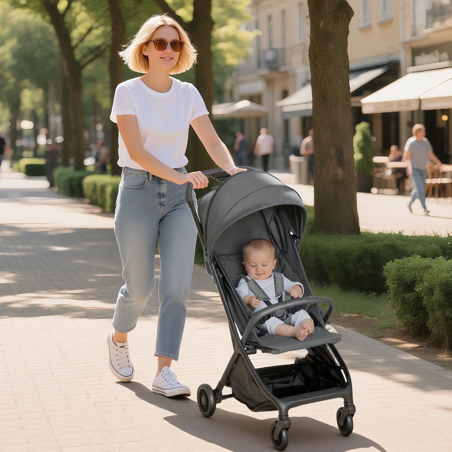 AIYAPLAY Foldable Baby Stroller with Adjustable Seat, 5-Point Harness, Canopy, Basket, 6.3kg Lightweight & Compact, Dark Grey