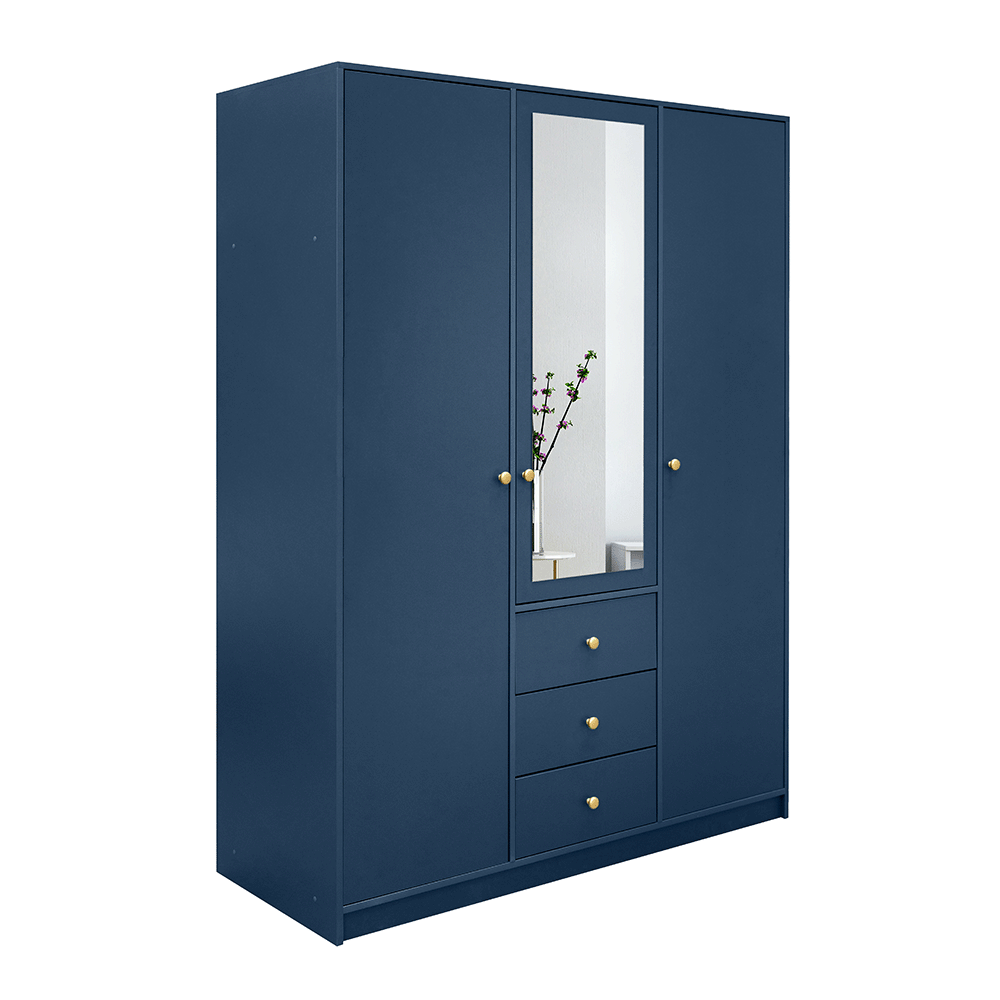 Dark Blue Mirrored Hinged Door Wardrobe 149cm – HUDSON II D3