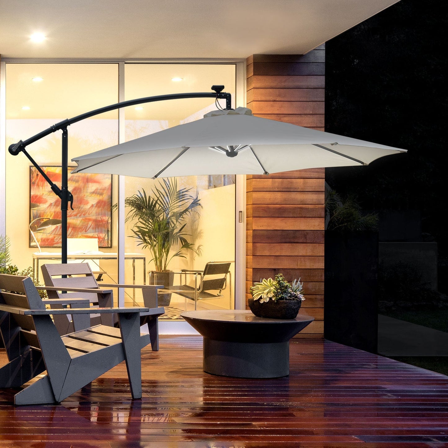 مظلة حديقة Outsunny 3(m) LED Cantilever Parasol Banana Garden مع أضواء شمسية، ومقبض كرنك وقاعدة متقاطعة، ومظلة شمسية معلقة، باللون الأبيض الفاتح