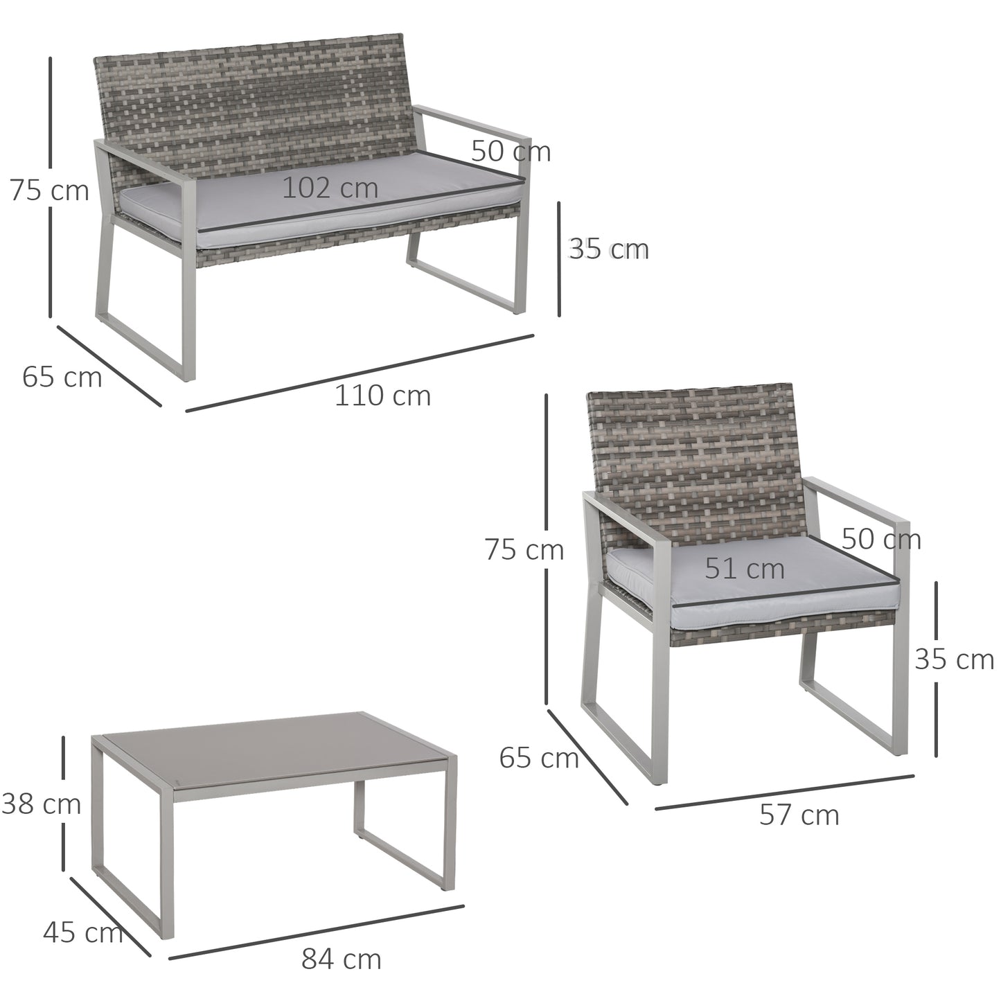 Zestaw mebli ogrodowych Outsunny 4PC z rattanu 2 pojedyncze sofy, fotele, 1 ławka z poduszkami i stolik kawowy Patio Backyard Wicker Weave