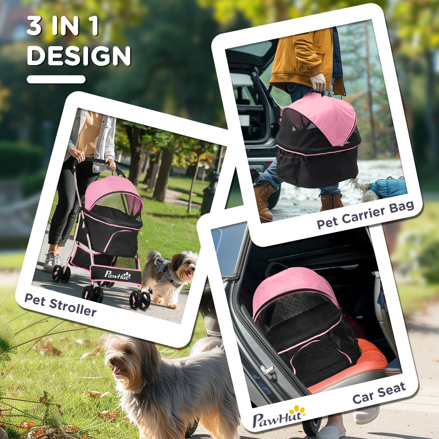 PawHut 3 In 1 Detachable Pet Stroller, for Extra Small and Small Dogs - Pink