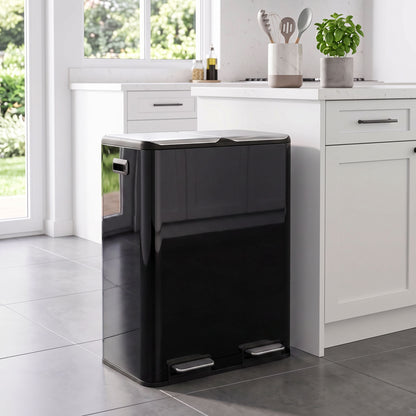 HOMCOM 2 x 30L Double Kitchen Bin, Stainless Steel Pedal Rubbish Bin with Dual Compartments, Soft Close Lids, High Gloss Black