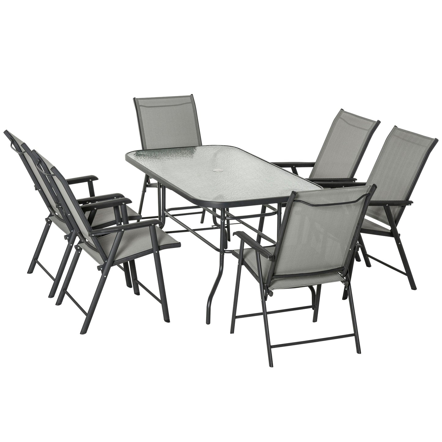 Outsunny Garden Patio Outdoor 7pcs Classic Outdoor Steel Frames Dining Set w/ 6 Folding Chairs, Glass Top Table, Texteline Seats,Black & Grey Cushion