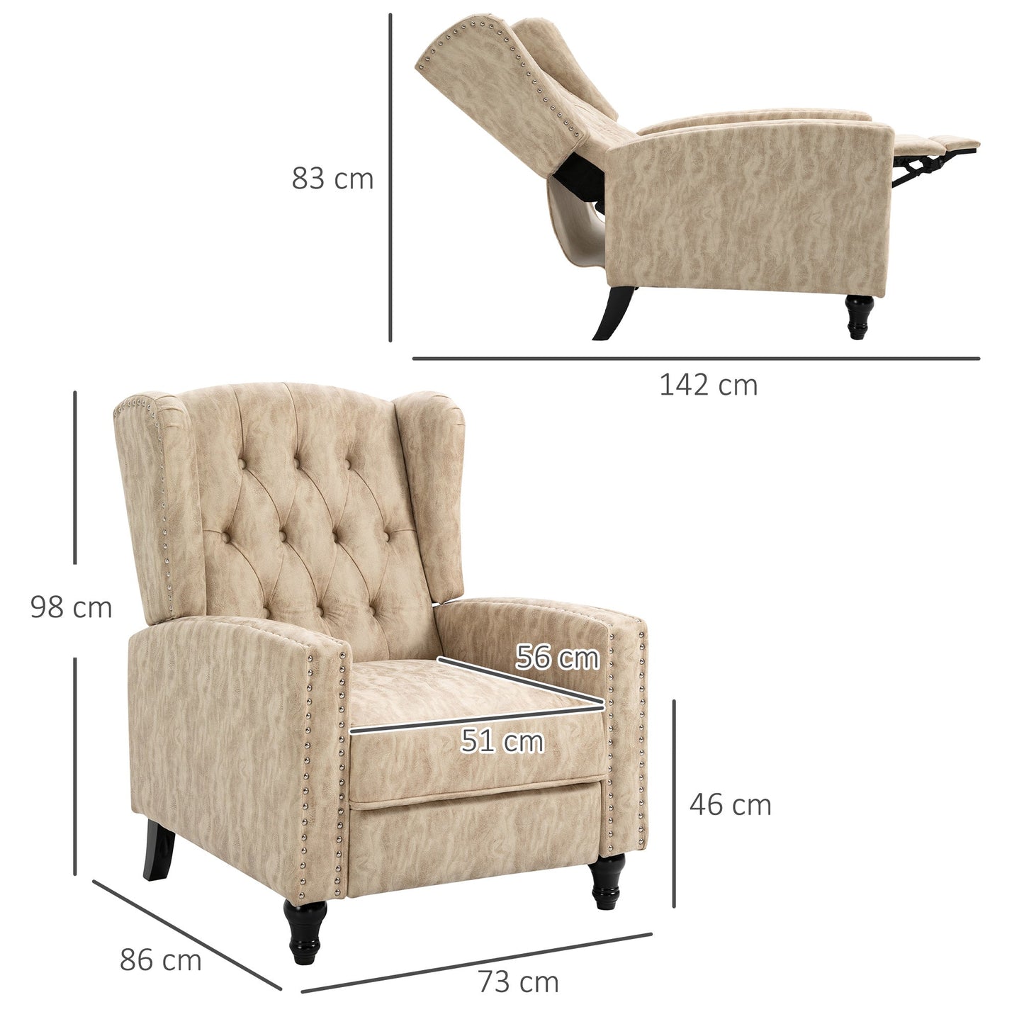 Retro Style Studded Upholstered Reclining Armchair w/ Retractable Footrest Beige