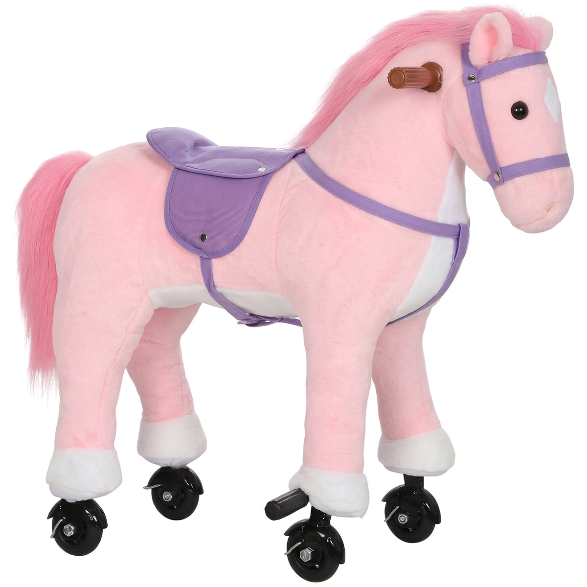 AIYAPLAY Rocking Horse, Plush Ride On Horse with Hoof Sounds, Music, Rolling Wheels and Pedal for 3-7 Years, Up to 50kg, Pink