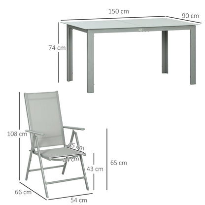 Outsunny 7-częściowy zestaw ogrodowy, stół ogrodowy i 6 składanych i rozkładanych krzeseł, aluminiowa rama, stół z blatem ze szkła hartowanego, siedziska Texteline, szary