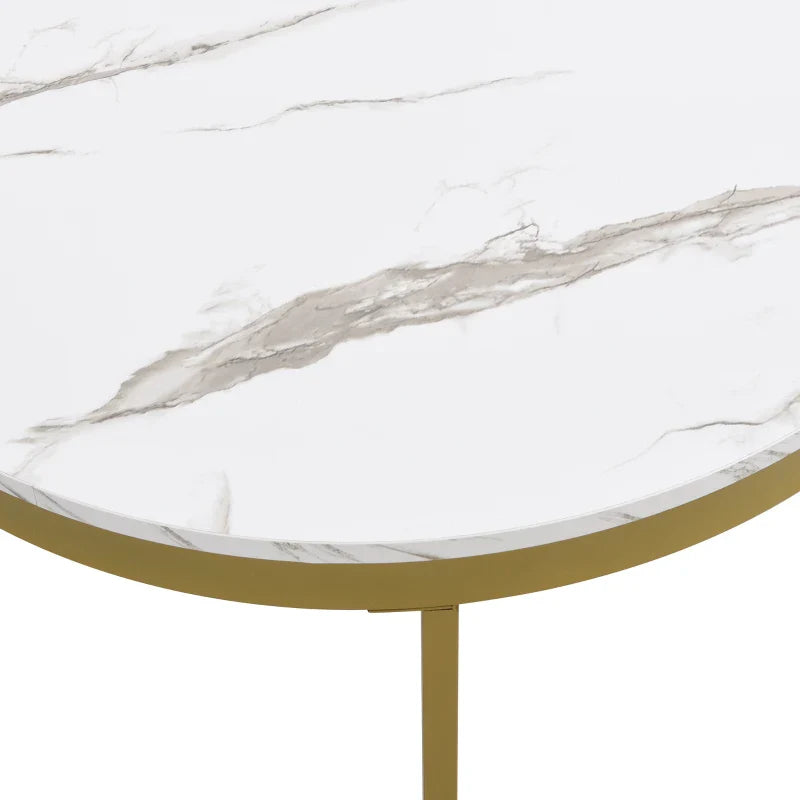 Rotating Round Marble Coffee Table Set, High Gloss Pattern with Golden Metal Frame, Set of 2, 70x70x45 cm + 50x50x38.5 cm, White