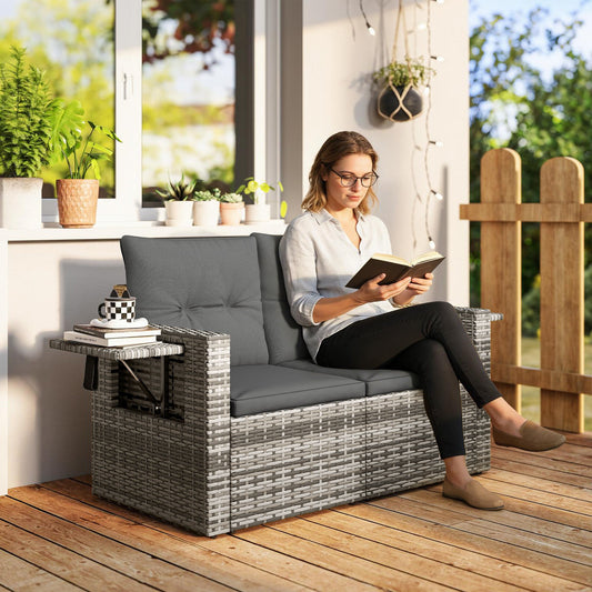Outsunny 2 Seater Rattan Garden Sofa Outdoor Loveseat with Hidden Side Trays and Cushions for Patio Balcony, Dark Grey