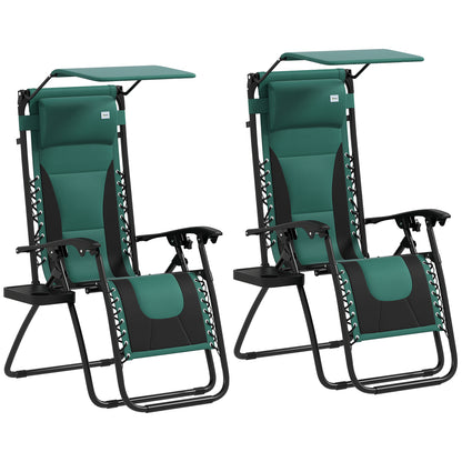 Outsunny Zero Gravity Lounger Chair Set of 2, składany rozkładany fotel ogrodowy z osłoną przeciwsłoneczną, wyściełanym siedziskiem, uchwytem na kubek, miękką poduszką i zagłówkiem do użytku przy basenie, kempingowy, zielony