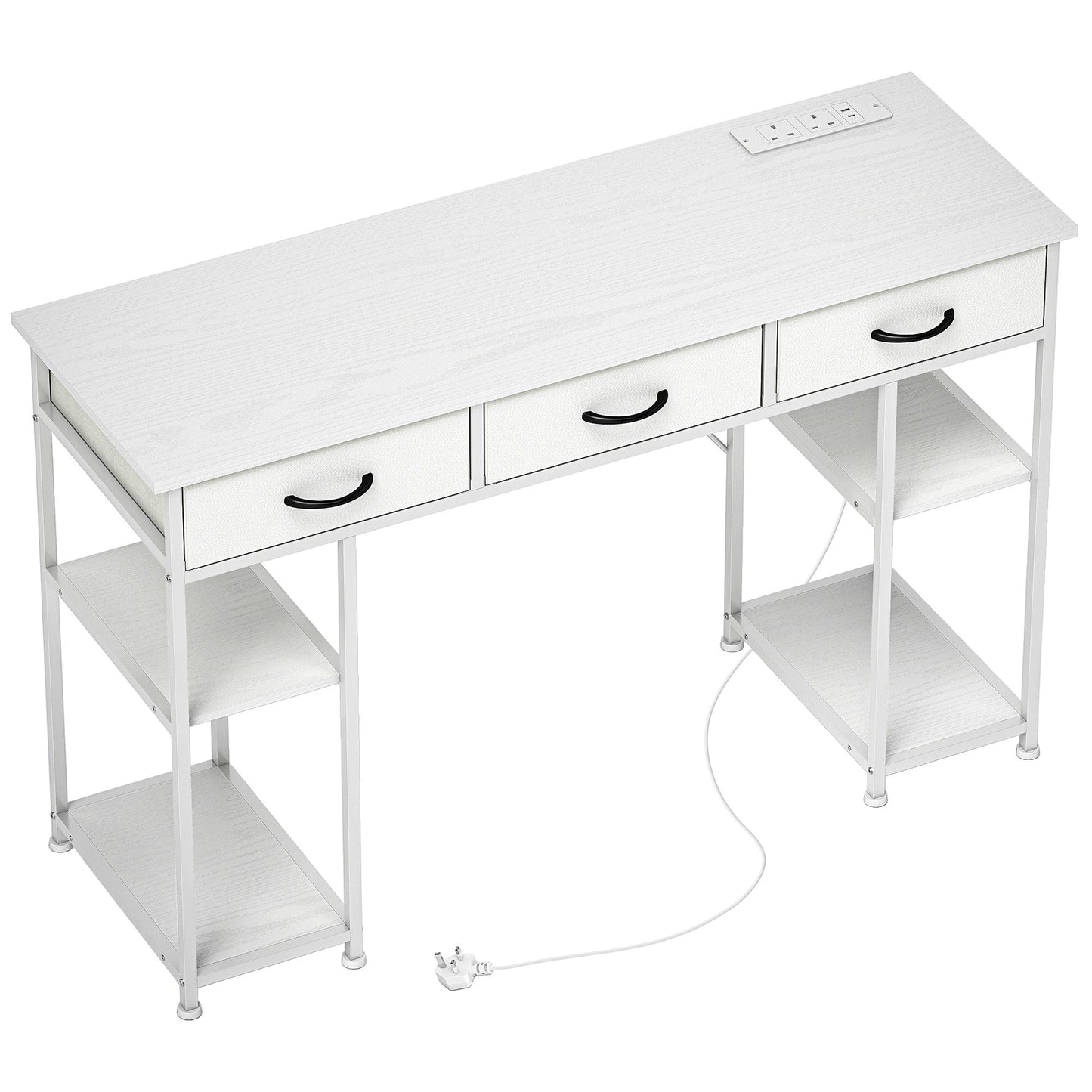 HOMCOM 120cm Biurko komputerowe z gniazdkami elektrycznymi, biurko do nauki z 3 szufladami z materiału i 4 półkami do przechowywania, białe