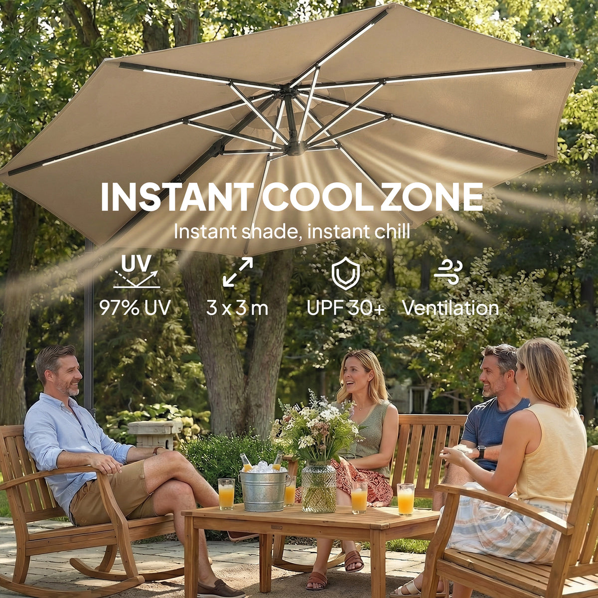 Outsunny 3 m Garden Cantilever Parasol with LED Solar Light, Round Overhanging Umbrella with 360° Rotation, Cover, Khaki