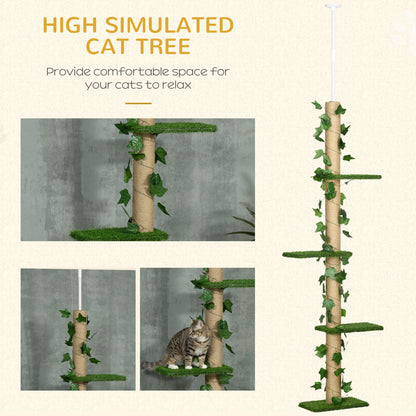 PawHut 242cm Adjustable Floor-To-Ceiling Cat Tree, with Artificial Decoration, Perches, Anti-Slip Kit - Green