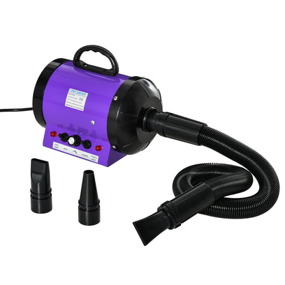 PawHut Dog Hair Dryer Pet Grooming Blaster Dryer Blower Adjustable Temperature Speed with 2.1M Flexible Hose 3 Nozzles - Purple