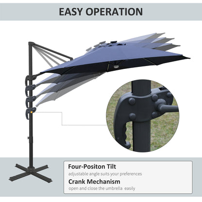 Outsunny 3(m) Cantilever Roma Parasol Garden Sun Umbrella فناء خارجي مع قاعدة متقاطعة من ضوء الشمس LED تدور 360 درجة، أزرق