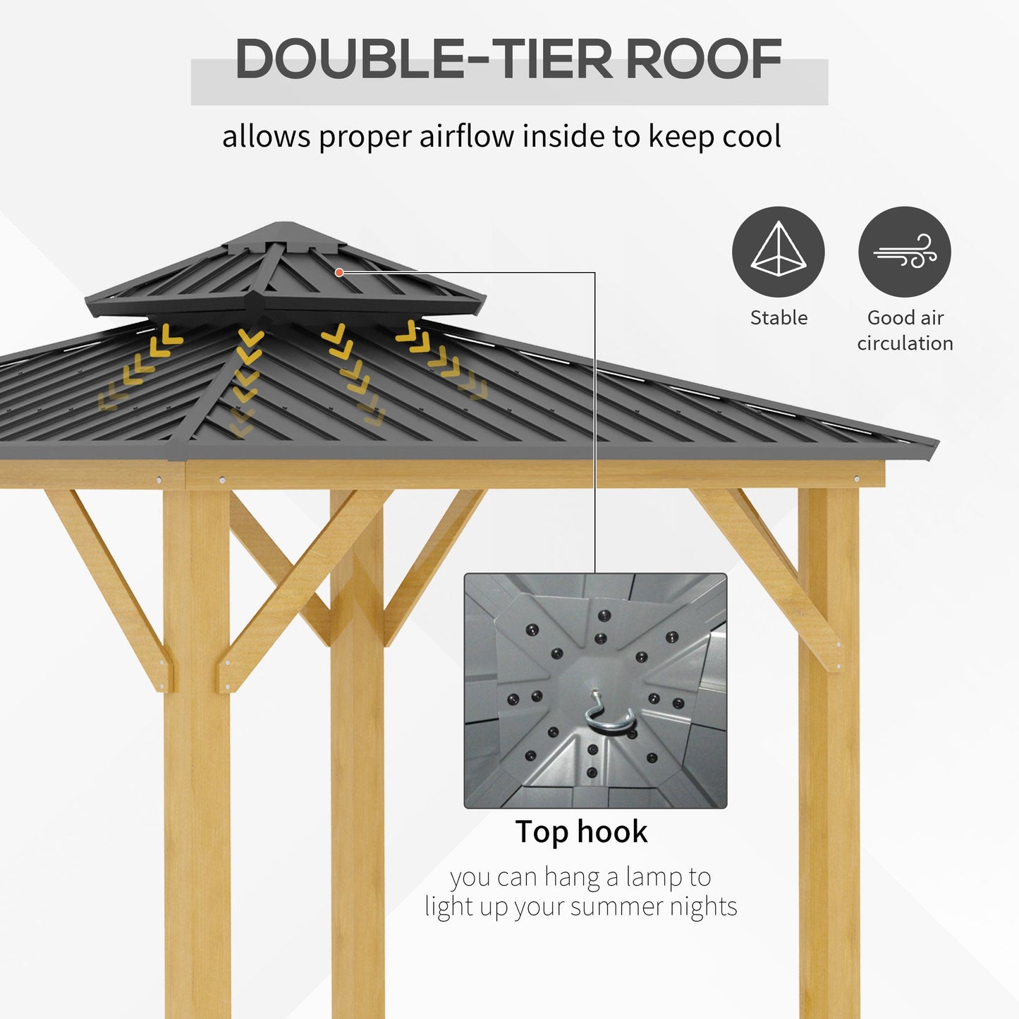 Outsunny 3x(3)M Outdoor Hardtop Gazebo Canopy with 2-Tier Roof and Solid Wood Frame Outdoor Patio Shelter for Patio, Garden, Grey