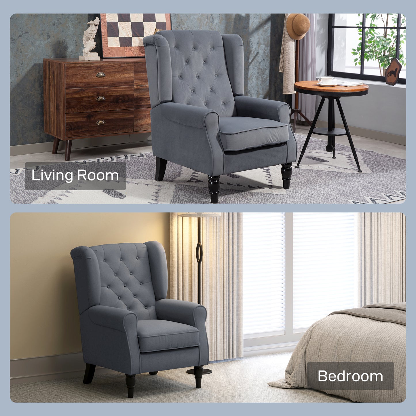 HOMCOM Wingback Accent Chair, Retro Upholstered Button Tufted Occasional Chair for Living Room and Bedroom, Grey