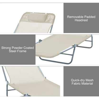 Outsunny Outdoor Foldable Sun Lounger, Adjustable Backrest Garden Recliner Sun Lounger Chair with Headrest Pillow, Beige