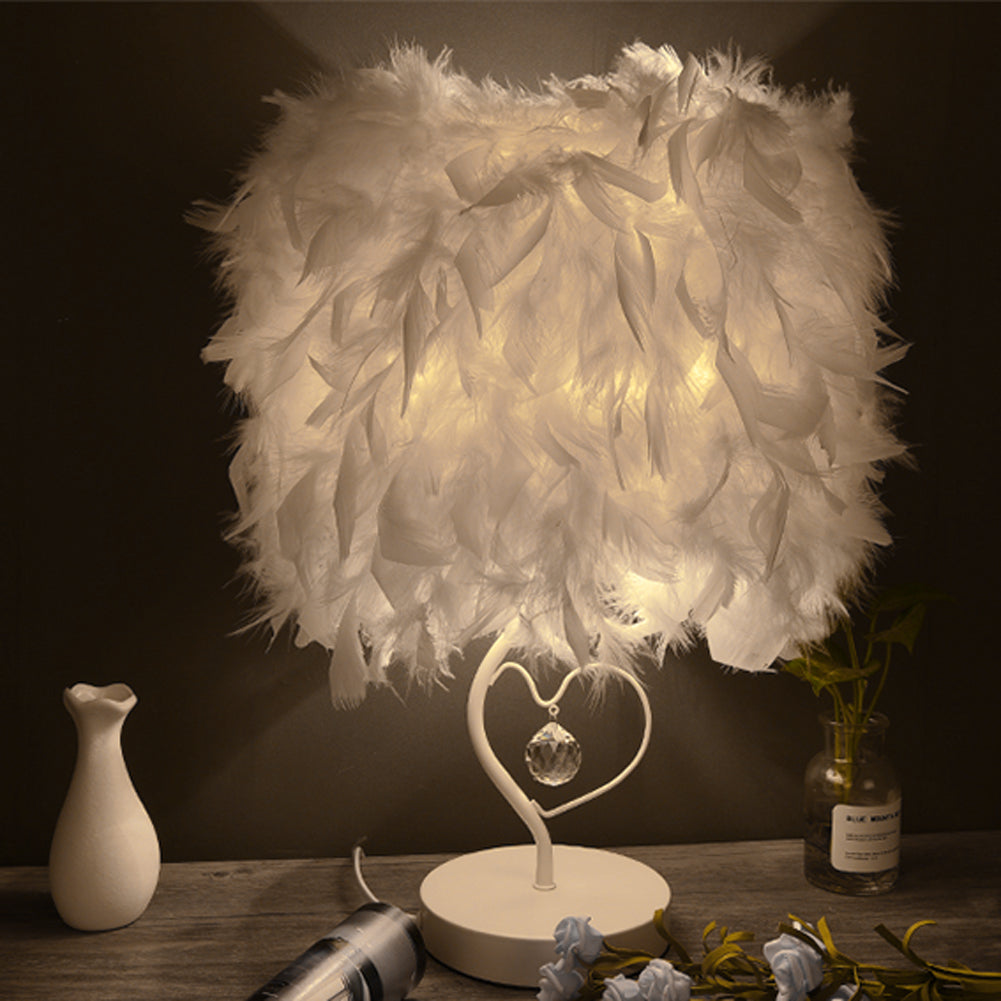 White Feather Table Lamp Bedside Nightstand Lamp with Heart Shape Base