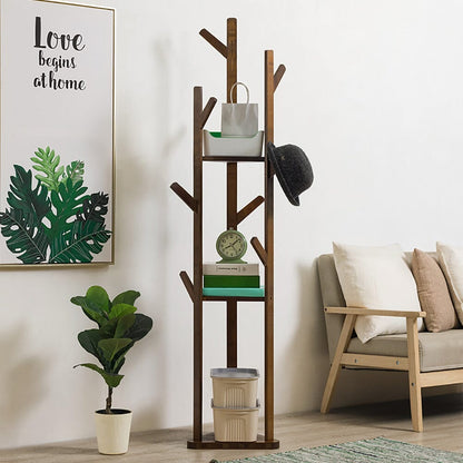 Wooden Coat Rack Stand with 3 Shelves for Entryway