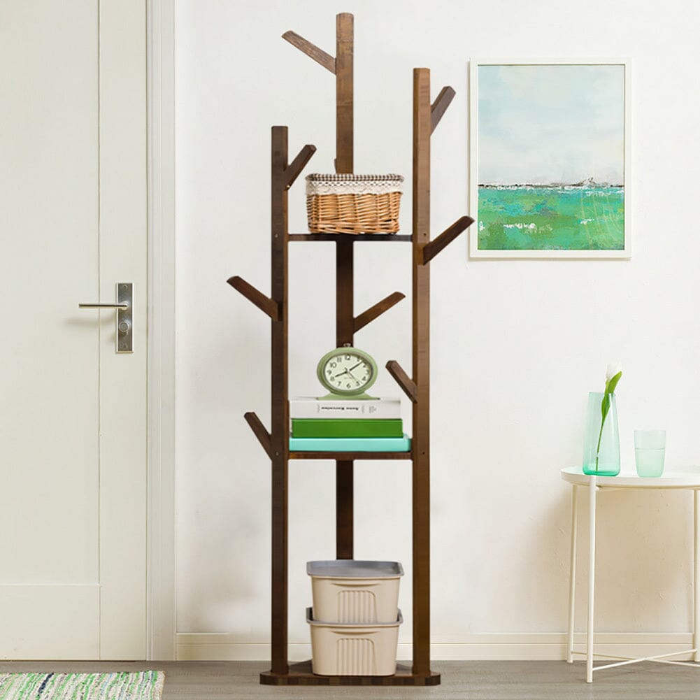 Wooden Coat Rack Stand with 3 Shelves for Entryway