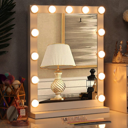 Hollywood Style Lighted Rectangular Makeup Mirror with Base